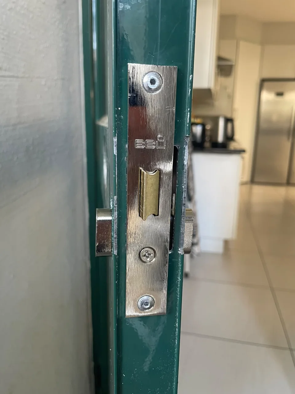 Lock plate installed in a green metal security gate