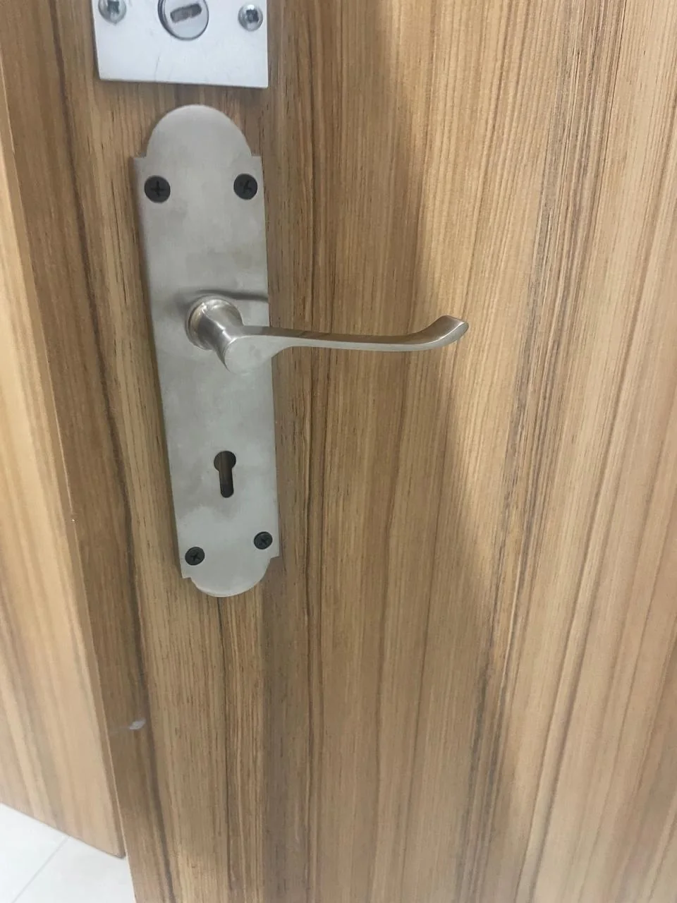 Silver door handle fitted to a wooden door